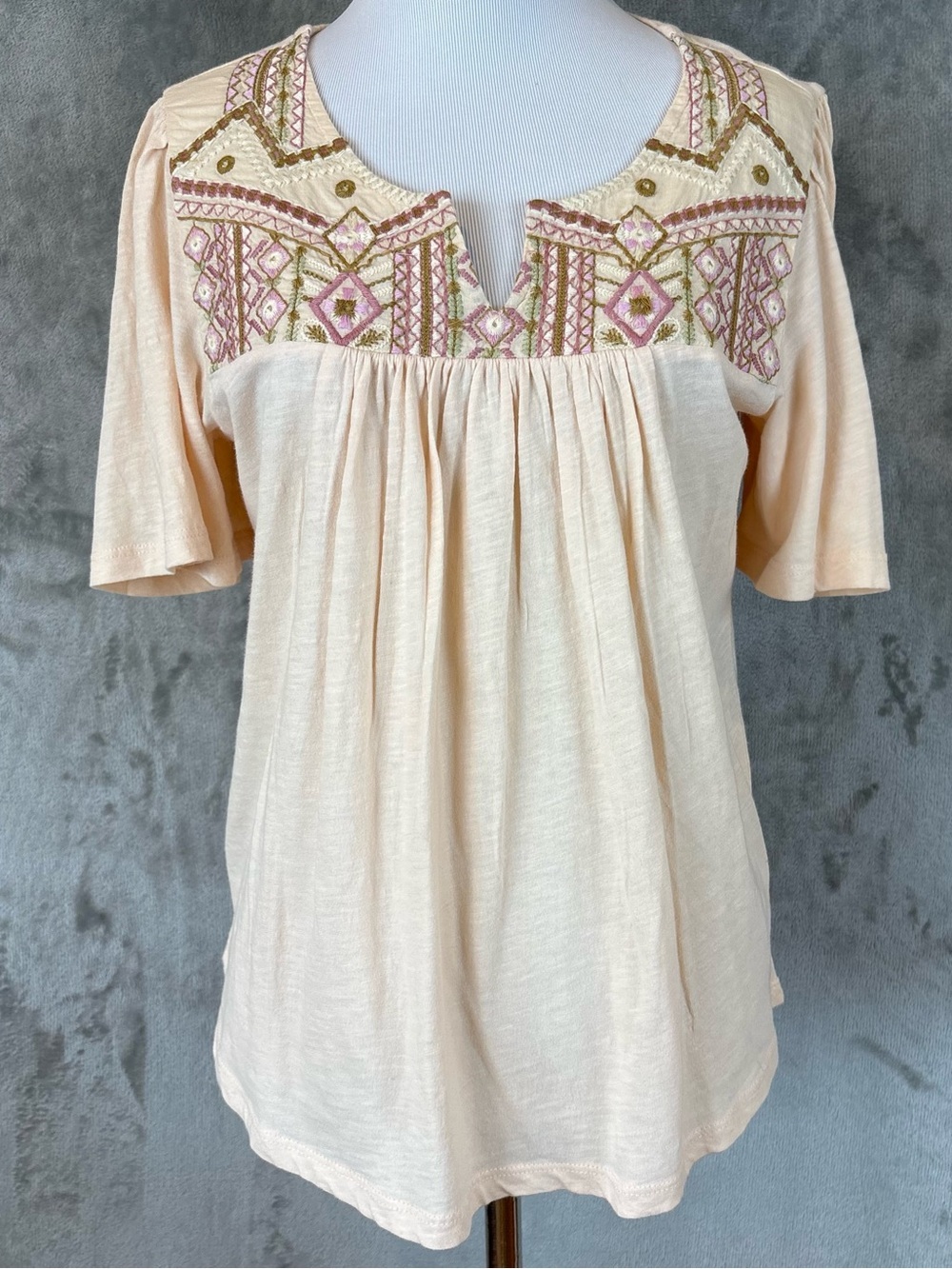 Lucky Brand Boho Cream Embroidered Tunic Short Sleeve Blouse S